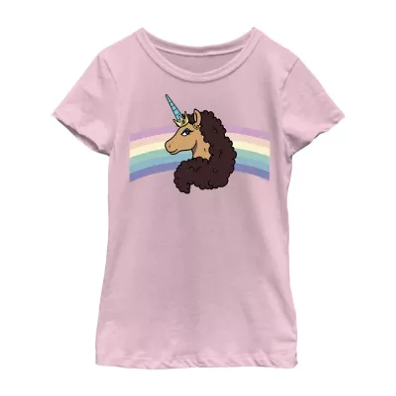 Little & Big Kid Girls Crew Neck Short Sleeve Regular Fit Afro Unicorn Graphic T-Shirt