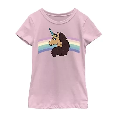 Little & Big Kid Girls Crew Neck Short Sleeve Regular Fit Afro Unicorn Graphic T-Shirt