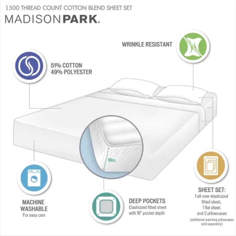 Madison Park 1500 Thread Count Luxury Soft Cotton Easy Care Sheet Set