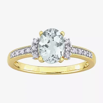 Womens Diamond Accent Genuine Blue Aquamarine 18K Gold Over Silver Oval Cocktail Ring