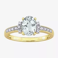 Womens Diamond Accent Genuine Blue Aquamarine 18K Gold Over Silver Oval Cocktail Ring