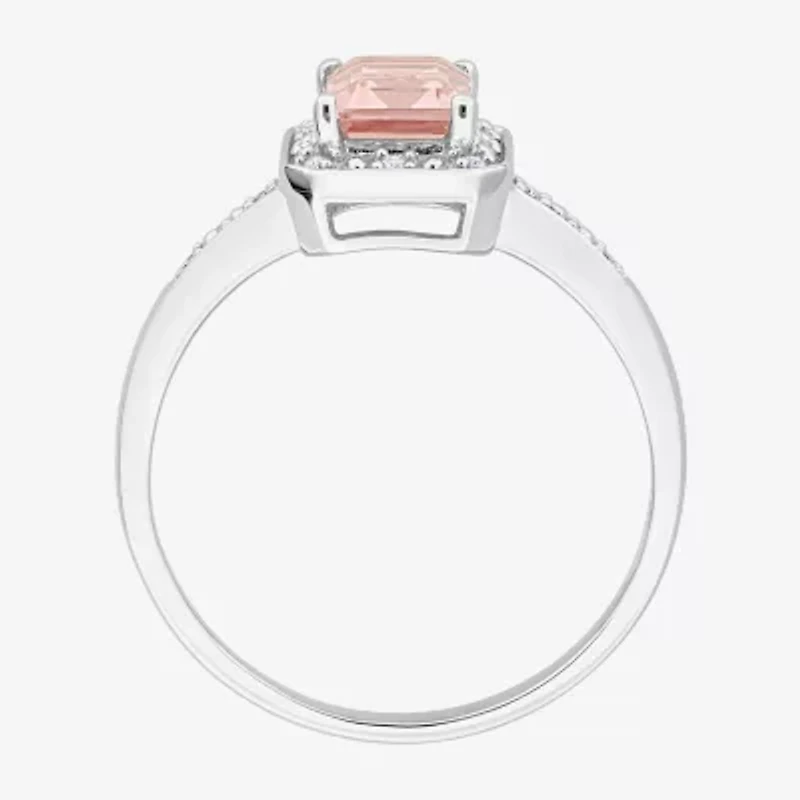 Womens Diamond Accent Genuine Pink Morganite Sterling Silver Halo Cocktail Ring