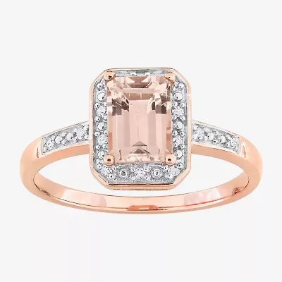 Womens Diamond Accent Genuine Pink Morganite 18K Rose Gold Over Silver Halo Cocktail Ring