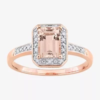 Womens Diamond Accent Genuine Pink Morganite 18K Rose Gold Over Silver Halo Cocktail Ring