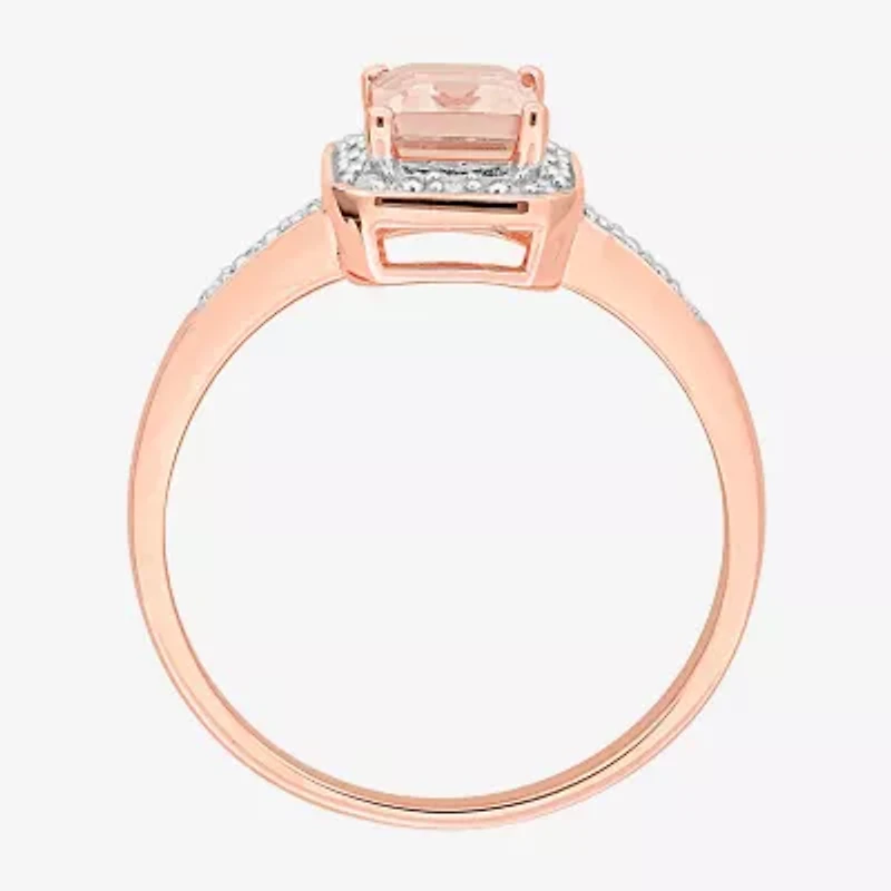 Womens Diamond Accent Genuine Pink Morganite 18K Rose Gold Over Silver Halo Cocktail Ring