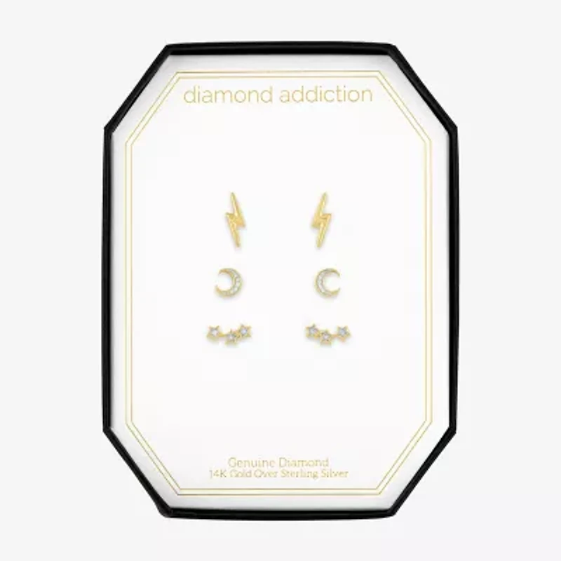 Diamond Addiction Diamond-Accent Natural Diamond 14K Gold Over SIlver or Sterling SIlver LIghtning Bolt Moon Star 3 Pair Earring Set