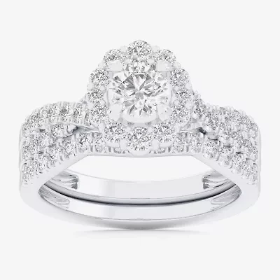 Signature By Modern Bride (G-H / Si1-Si2) Womens 1 1/3 CT. T.W. Lab Grown White Diamond 10K Gold Round Side Stone Halo Bridal Set
