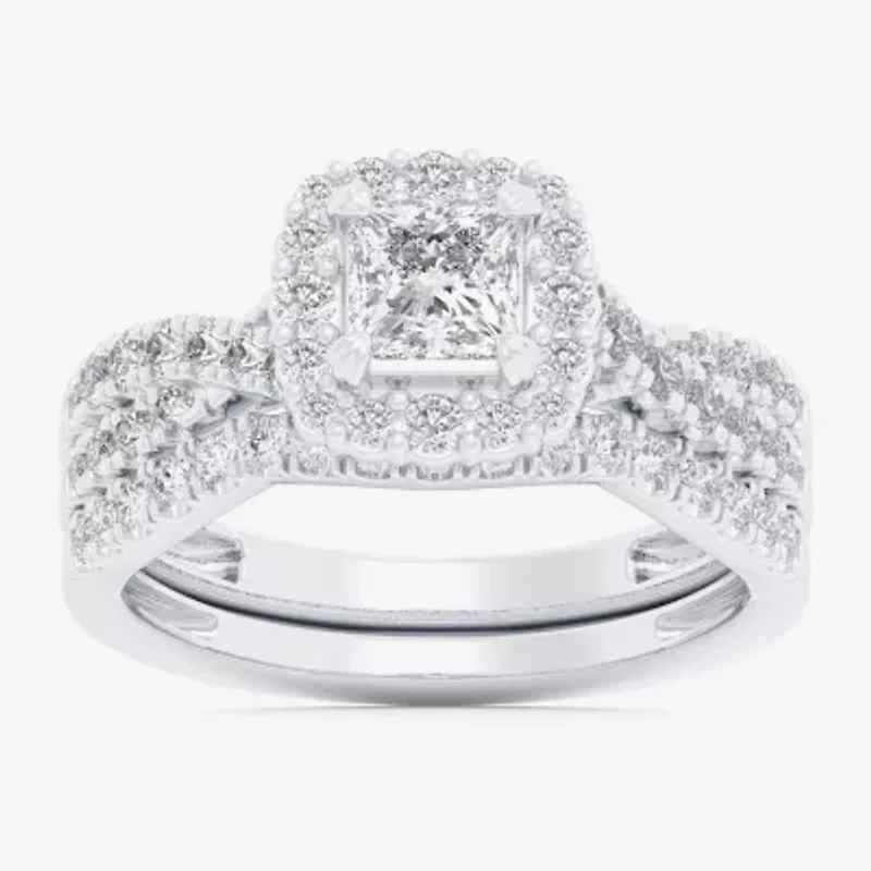 (G-H / Si1-Si2) Womens 1 1/3 CT. T.W. Lab Grown White Diamond 10K Gold Cushion Side Stone Halo Bridal Set
