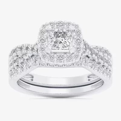 (G-H / Si1-Si2) Womens 1 1/3 CT. T.W. Lab Grown White Diamond 10K Gold Cushion Side Stone Halo Bridal Set