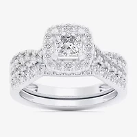 (G-H / Si1-Si2) Womens 1 1/3 CT. T.W. Lab Grown White Diamond 10K Gold Cushion Side Stone Halo Bridal Set