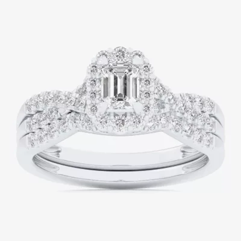 (G-H / Si1-Si2) Womens 7/8 CT. T.W. Lab Grown White Diamond 10K Gold Side Stone Halo Bridal Set