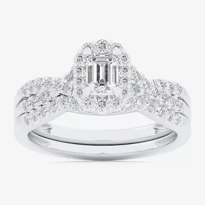 (G-H / Si1-Si2) Womens 7/8 CT. T.W. Lab Grown White Diamond 10K Gold Side Stone Halo Bridal Set