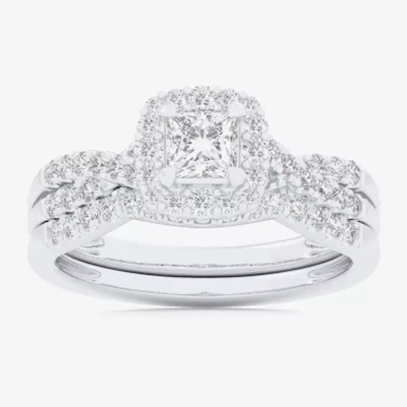 (G-H / Si1-Si2) Womens 7/8 CT. T.W. Lab Grown White Diamond 10K Gold Cushion Side Stone Halo Bridal Set