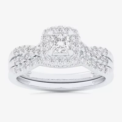 (G-H / Si1-Si2) Womens 7/8 CT. T.W. Lab Grown White Diamond 10K Gold Cushion Side Stone Halo Bridal Set