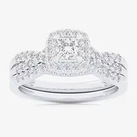 (G-H / Si1-Si2) Womens 7/8 CT. T.W. Lab Grown White Diamond 10K Gold Cushion Side Stone Halo Bridal Set