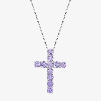 Womens Gemstone Sterling Silver Cross Pendant Necklace
