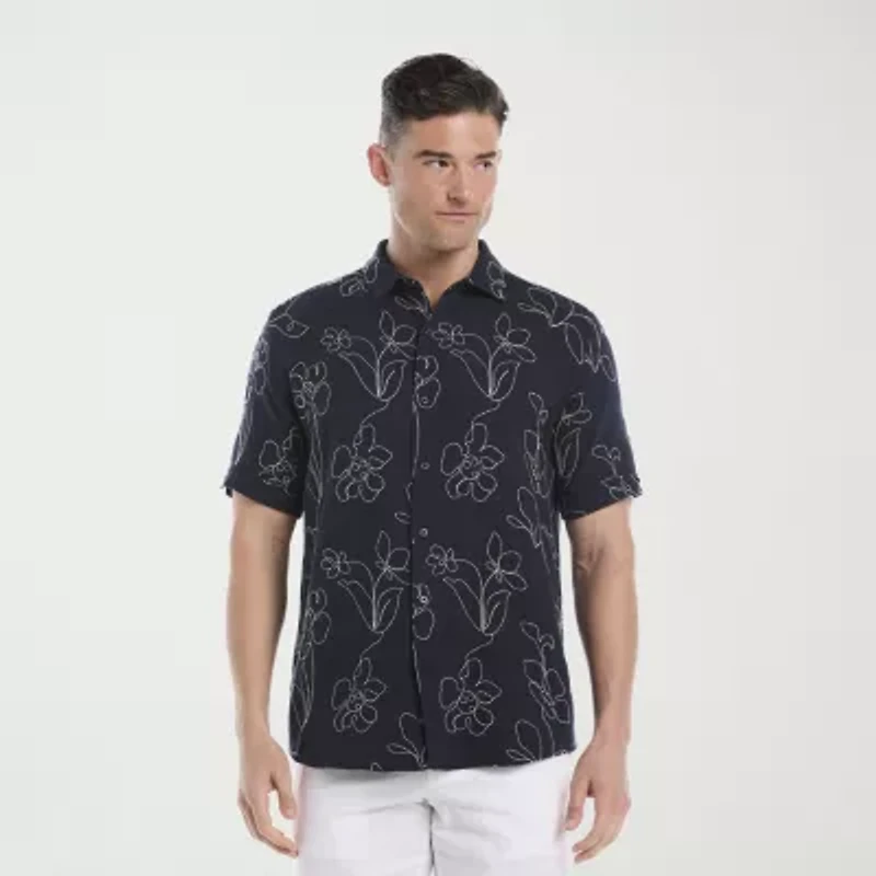 Cubavera Allover Embroidery Mens Short Sleeve Regular Fit Button-Down Shirt