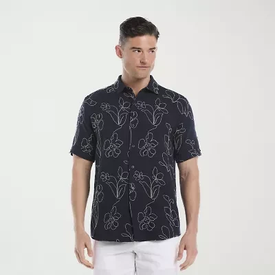Cubavera Allover Embroidery Mens Short Sleeve Regular Fit Button-Down Shirt