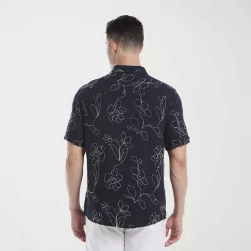 Cubavera Allover Embroidery Mens Short Sleeve Regular Fit Button-Down Shirt