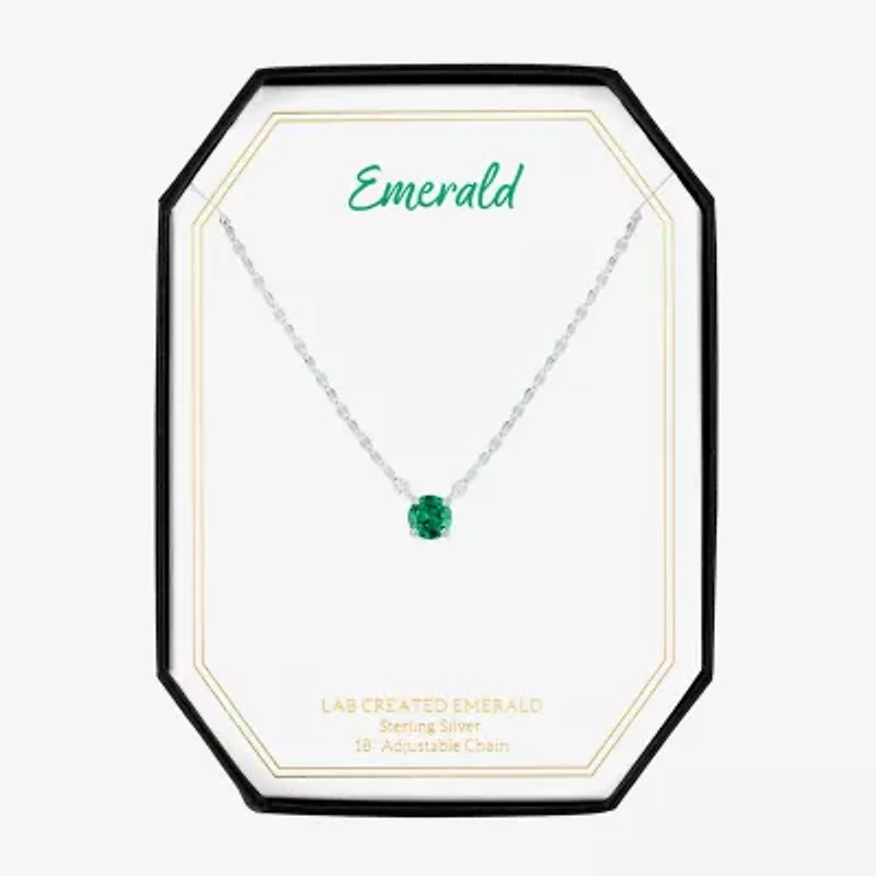Womens Lab Created Green Emerald Sterling Silver Round 16 Inch Pendant Necklace