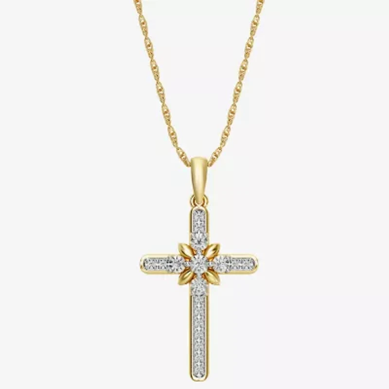 Yes, Please!, (G/I2) Womens 1/10 CT. T.W. Lab Grown White Diamond 14K Gold Over Silver Cross 18 Inch Pendant Necklace