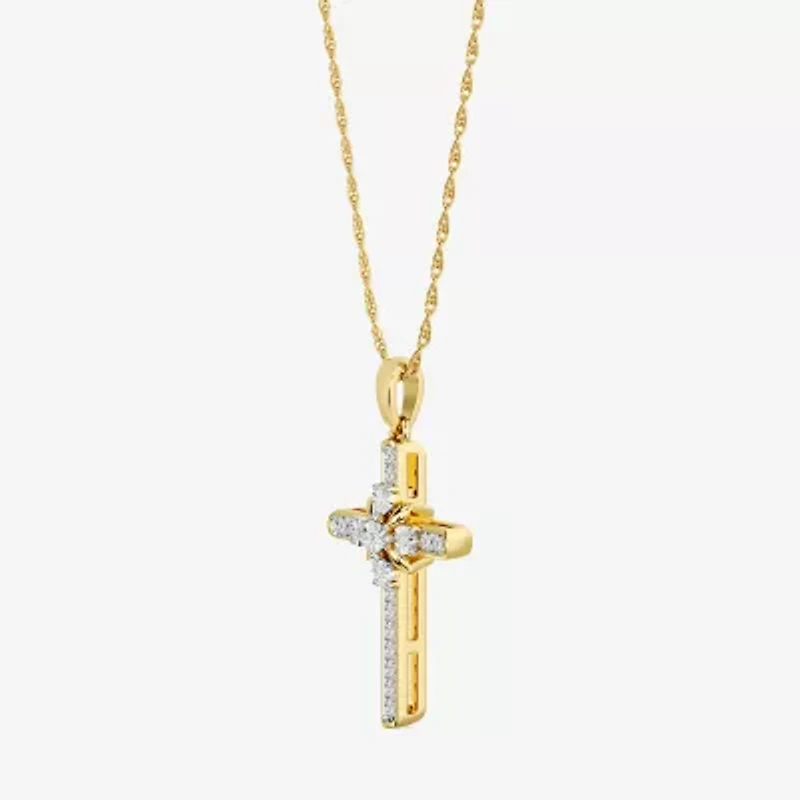Yes, Please!, (G/I2) Womens 1/10 CT. T.W. Lab Grown White Diamond 14K Gold Over Silver Cross 18 Inch Pendant Necklace