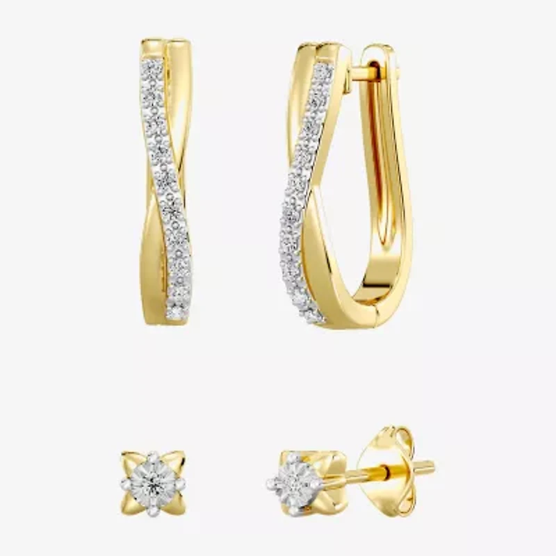 Yes, Please!, (G/I2) Womens 1/10 CT. T.W. Lab Grown White Diamond 14K Gold Over Silver 2 Pair Earring Set