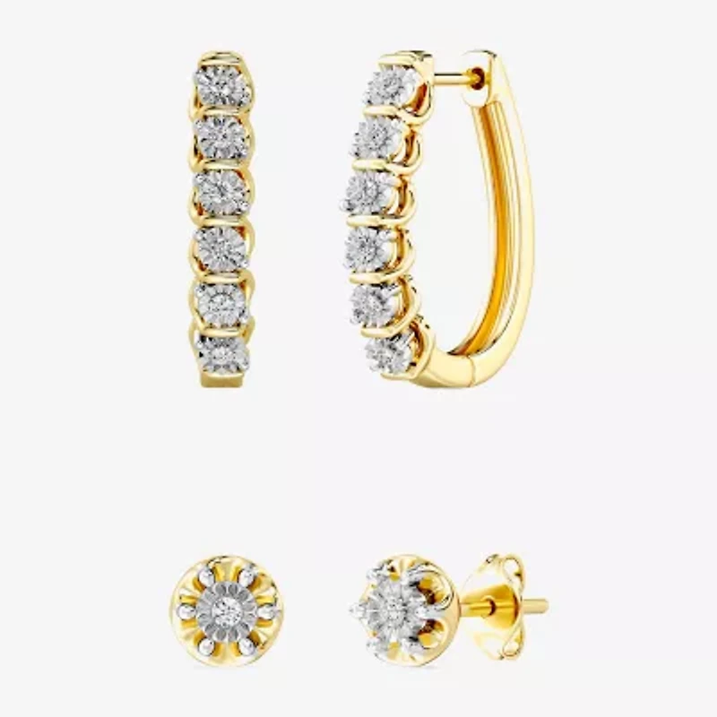 Yes, Please!, (G,I2) Womens 1/10 CT. T.W. Lab Grown White Diamond 14K Gold Over Silver Round 2 Pair Earring Set