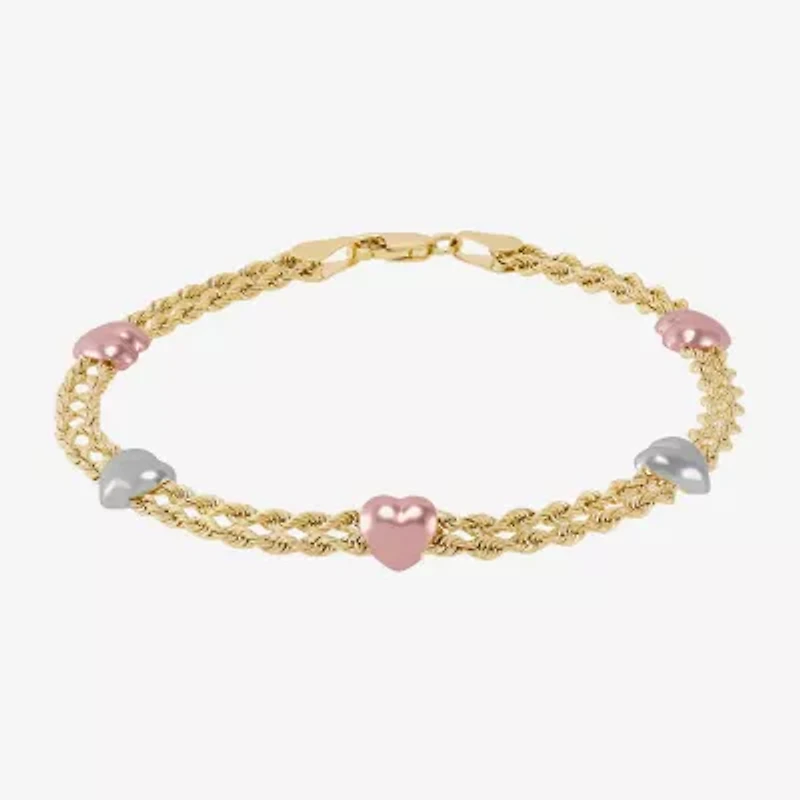 Womens 10K Tri-Color Gold 7.5 Inch Hollow Rope Chain Bracelet