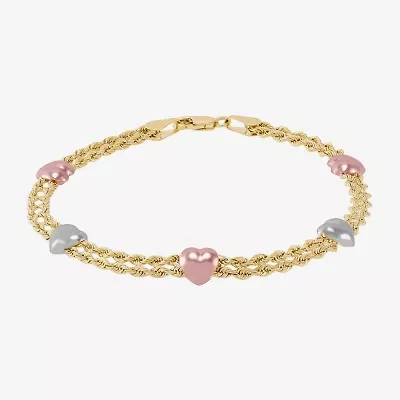 Womens 10K Tri-Color Gold 7.5 Inch Hollow Rope Chain Bracelet