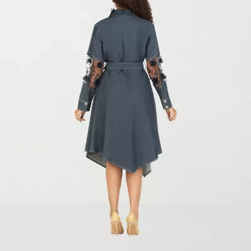 Giovanna Signature Womens Belted Long Sleeve Plus Shirt Dress