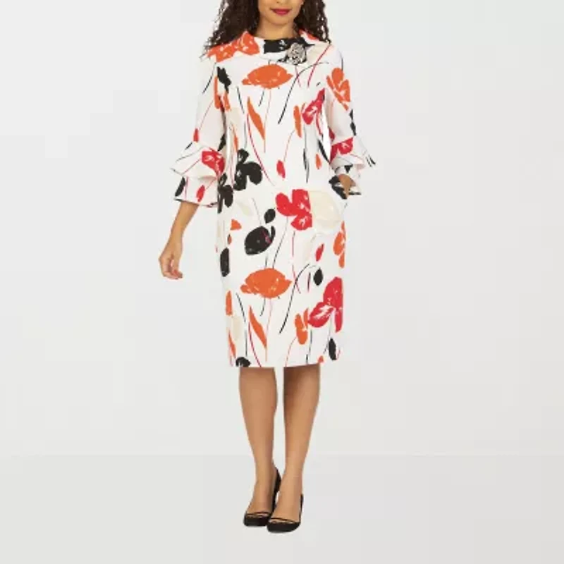 Giovanna Signature Womens Plus Embellished 3/4 Sleeve Floral Shift Dress