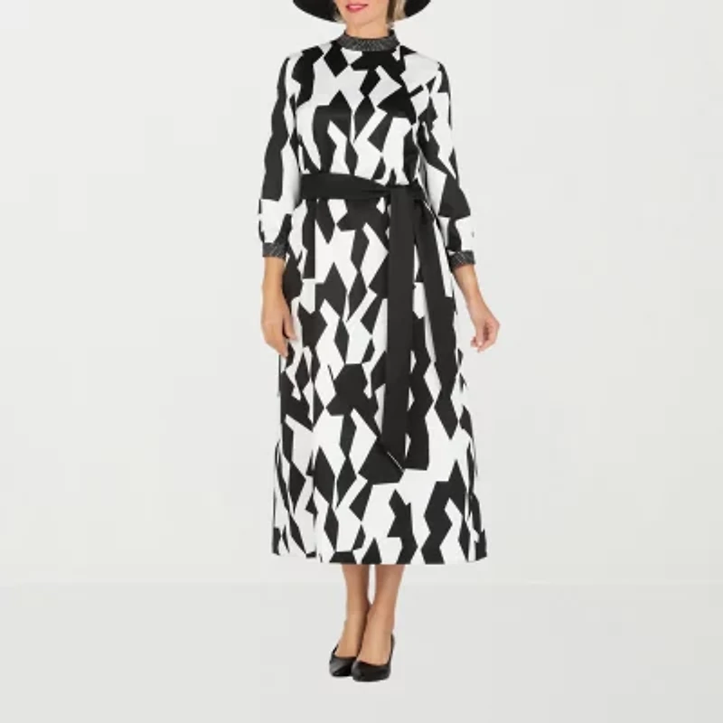 Giovanna Signature Womens 3/4 Sleeve Midi Geometric Plus A-Line Dress