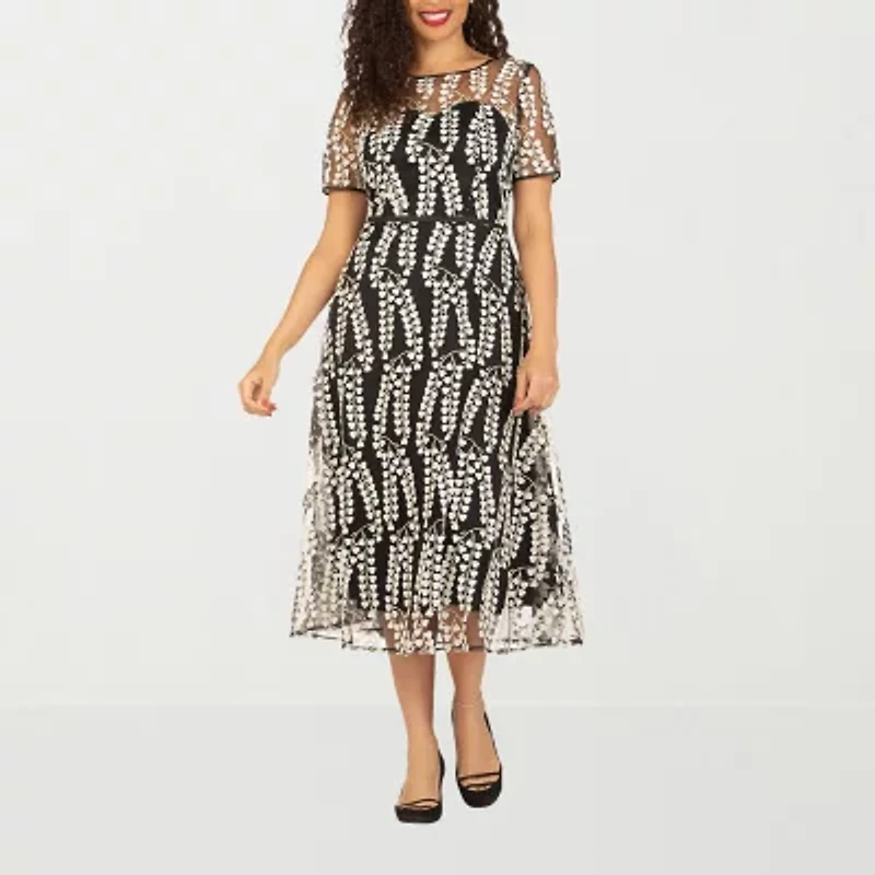 Giovanna Signature Womens Short Sleeve Midi Leaf Plus A-Line Dress