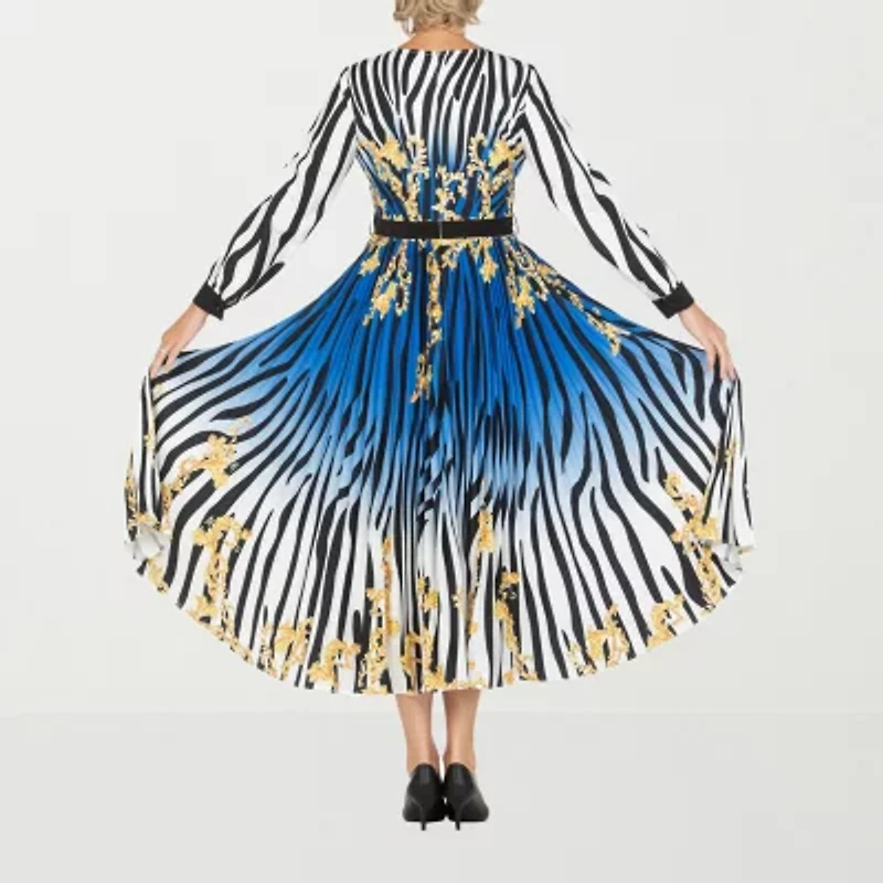 Giovanna Signature Womens Long Sleeve Abstract Midi Plus Fit + Flare Dress
