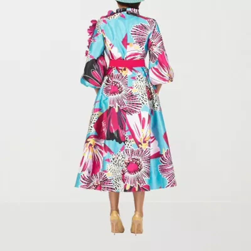 Giovanna Signature Womens 3/4 Sleeve Embellished Floral Plus Fit + Flare Dress