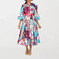 Giovanna Signature Womens 3/4 Sleeve Embellished Floral Plus Fit + Flare Dress