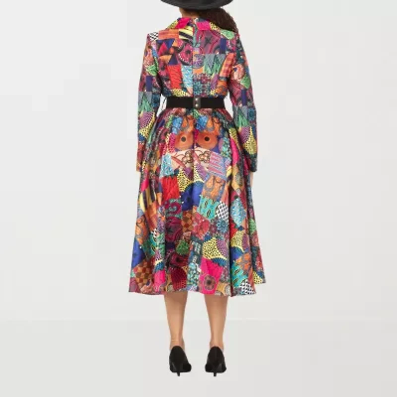 Giovanna Signature Womens Long Sleeve Embellished Abstract Midi Plus Fit + Flare Dress