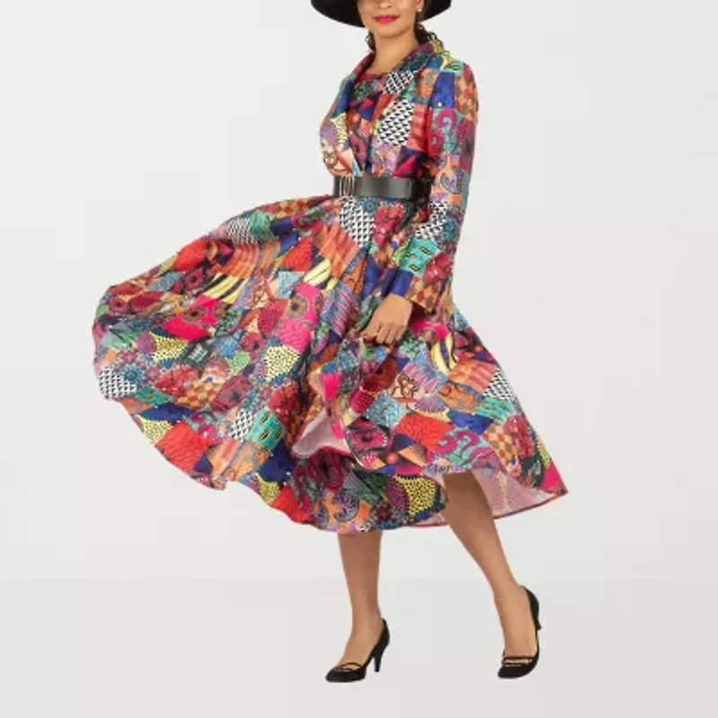 Giovanna Signature Womens Long Sleeve Embellished Abstract Midi Plus Fit + Flare Dress