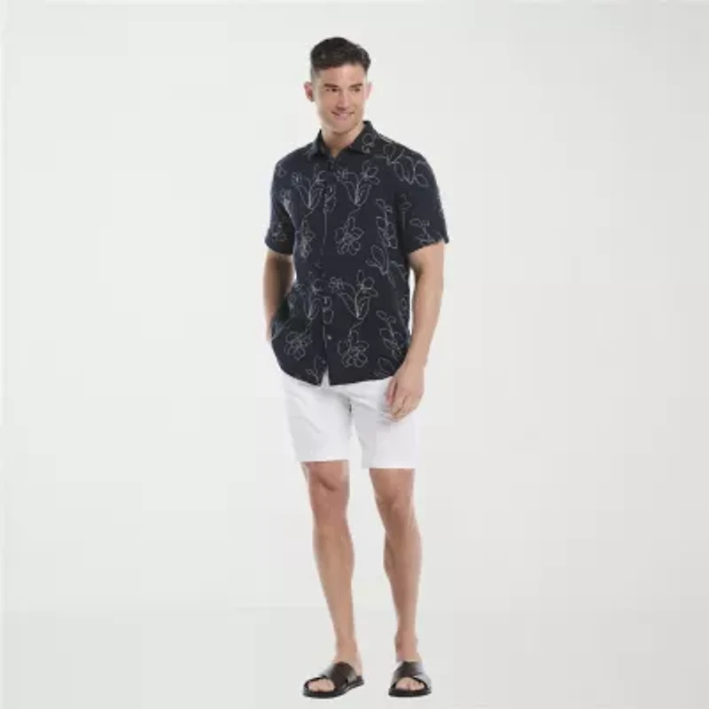 Cubavera Allover Embroidery Mens Short Sleeve Regular Fit Button-Down Shirt