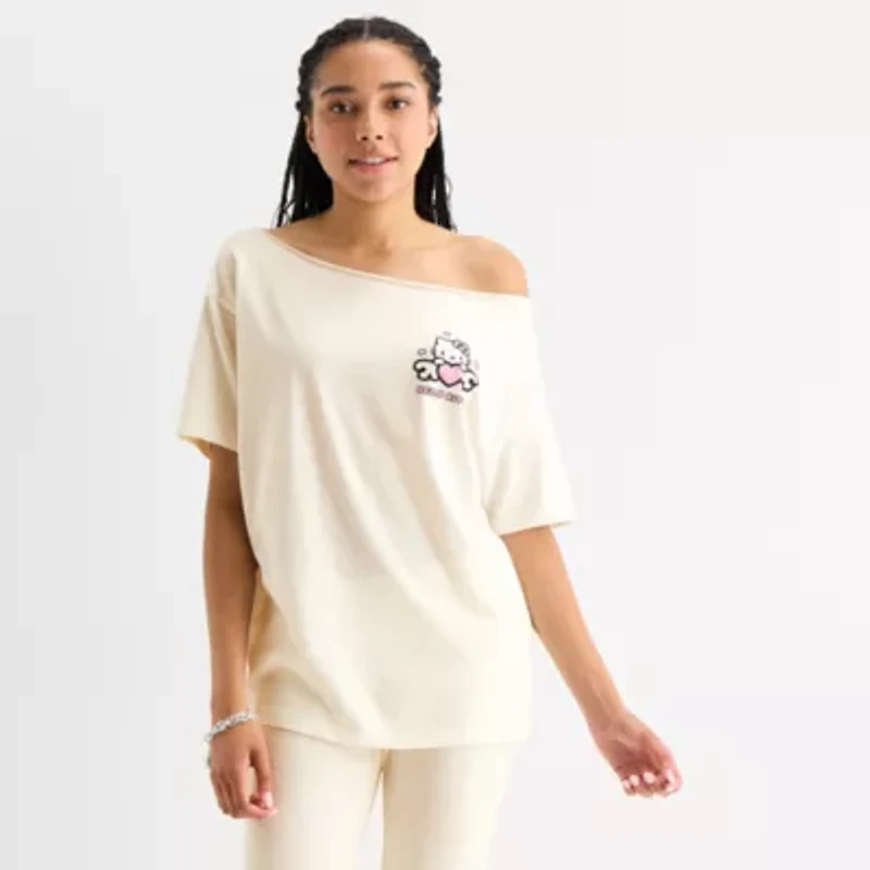 Grayson Threads, The Label Girls Night Off Shoulder Oversized Womens Juniors Crew Neck Short Sleeve Hello Kitty Graphic T-Shirt