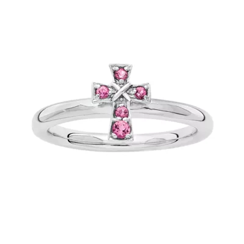 Personally Stackable Genuine Pink Tourmaline Sterling Silver Cross Ring