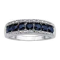 Womens 2MM Diamond Accent Genuine Blue Sapphire Platinum Over Silver Band