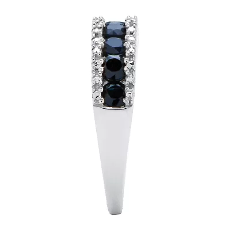 Womens 2MM Diamond Accent Genuine Blue Sapphire Platinum Over Silver Band