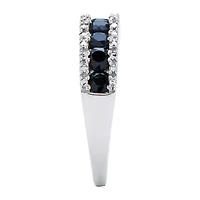Womens 2MM Diamond Accent Genuine Blue Sapphire Platinum Over Silver Band