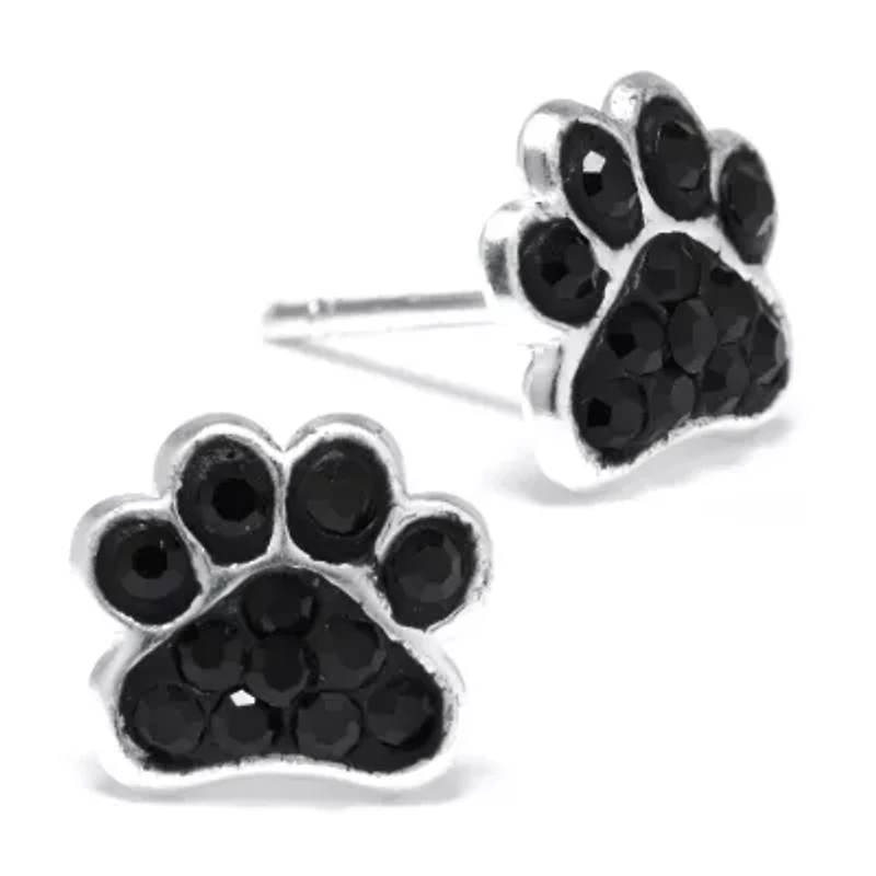 Silver Treasures Paw Print Black Crystal Stud Earrings