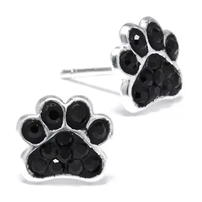 Silver Treasures Paw Print Black Crystal Stud Earrings