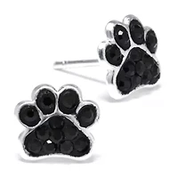 Silver Treasures Paw Print Black Crystal Stud Earrings