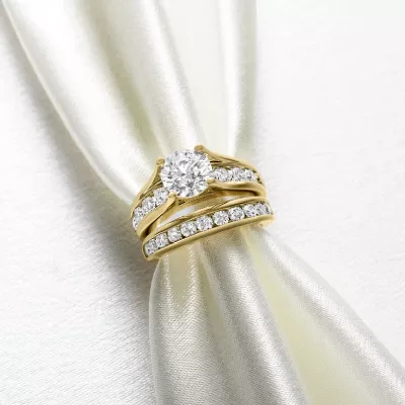 (G / Si1-Si2) Womens 4 CT. T.W. Lab Grown White Diamond 10K Gold Round Side Stone Bridal Set