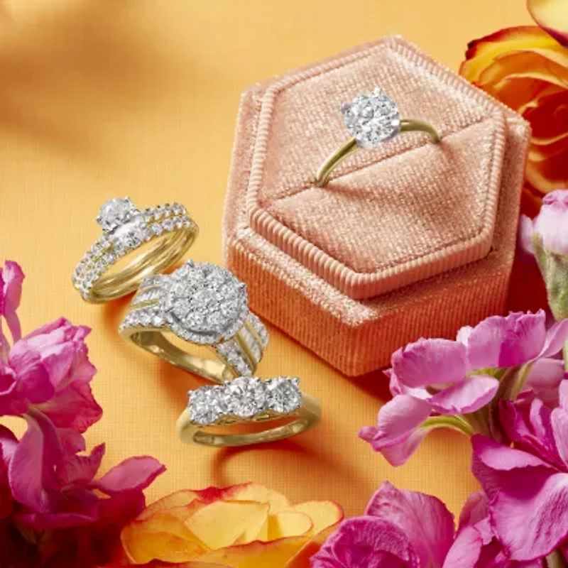 (I / I1) Womens 2 CT. T.W. Lab Grown White Diamond 10K Gold Round Side Stone Halo Engagement Ring